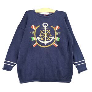 Vintage Hook Sport Mens Round Neck Long Sleeve Pullover Anchor Sweater Blue SZ S